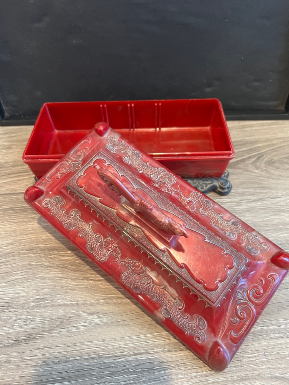 Celluloid Decorative Red Phoenix Lidded Trinket Box